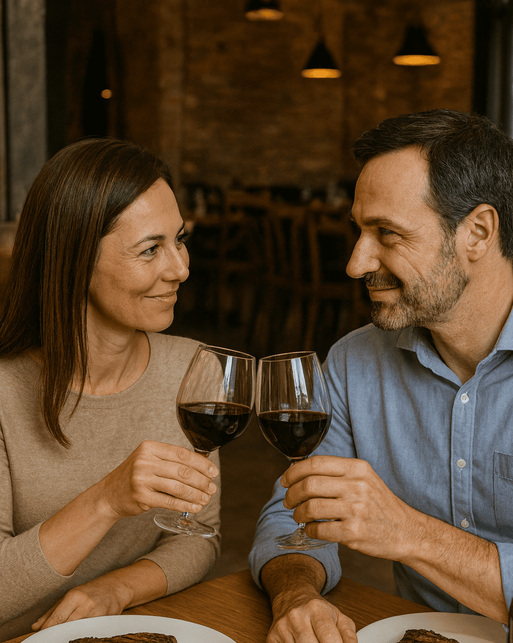 Pareja de huéspedes cenando en Ecohotel Talca